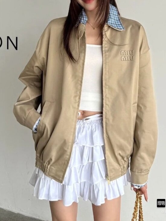Miu Miu Jackets & Blazers - Miu Miu Women's Casual Zip-Collar Faux Two-Piece Jacket — Beige